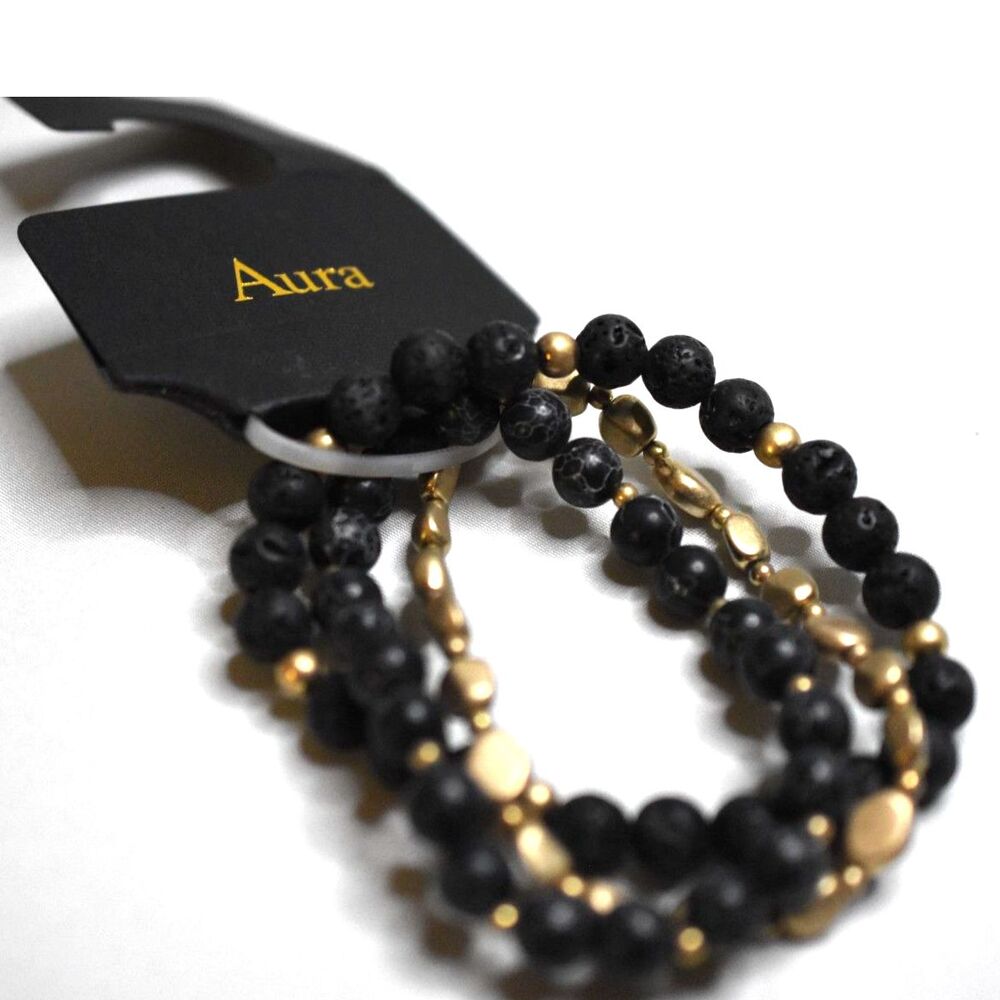 NWT Aura Set of 3 Black Lava Stone/ Gold Tone Beaded 6" Stretch Bracelets